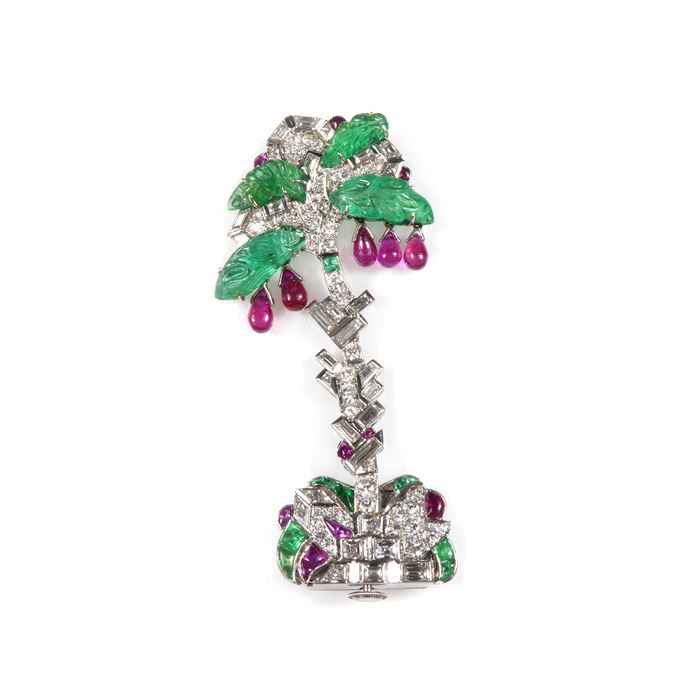 Ruby, emerald and diamond palm tree motif lapel watch | MasterArt